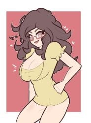 1000_ways_to_die 1girls 2019 alternate_version_available bbdouble big_breasts breasts brown_eyes brown_hair cleavage clothing connie_(1000_ways_to_die) dress female female_only glasses hearts light-skinned_female light_skin long_hair looking_at_viewer nsfw_bb short_dress smiling solo_female tan_dress