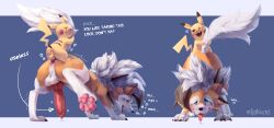 anal anal_sex anthro balls blush bodily_fluids canid canine claws cum digital_media_(artwork) duo dusk_lycanroc erection feral fur generation_7_pokemon genital_fluids genitals hi_res looking_pleasured lycanroc male male/male male_penetrated male_penetrating mammal nintendo orange_body penetration penis pokemon pokemon_(species) sex shaded simple_background size_difference small_dom_big_sub tail tail_grab text tongue white_body white_fur zbernkastel