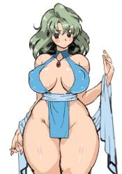 1girls agura_(shin_seikoku) bare_legs bare_shoulders blue_dress bottomless breasts cleavage dress female female_only green_eyes green_hair groin highres huge_breasts jewelry large_breasts looking_down matching_hair/eyes necklace nipple_bulge pelvic_curtain petitdry revealing_clothes shawl shin_seikoku:_la_wares short_dress simple_background solo standing thick_thighs thighs white_background wide_hips