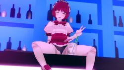 1girls 3d arms_behind_back closed_eyes counter dorothy_haze drink happy koikatsu looking_at_viewer open_mouth pale-skinned_female pale_skin partially_clothed pussy smile solo solo_female solo_focus spiritofrei v_sign va-11_hall-a