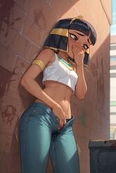 ai_generated alley alleyway cleopatra_in_space cleopatra_philopator clothed_masturbation crop_top hand_covering_mouth hand_in_pants jeans masturbation