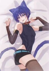 balladeer_(genshin_impact) blue_eyes blue_hair blue_tail cat_ears cat_tail catboy chobonu collar collar_pull femboy feminine feminine_faced_male feminine_male genshin_impact lean_body lean_muscle lean_muscles male male_focus male_only puppet red_collar revealing_clothes revealing_outfit scaramouche_(genshin_impact) slight_blush tongue_out trap twink white_background white_sheets