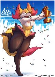 anthro areola award black_body black_fur braixen breasts canid canine female fur generation_6_pokemon genitals hi_res inner_ear_fluff kawfee mammal nintendo nipples nude pink_areola pink_nipples pokemon pokemon_(species) pussy red_body red_fur solo thick_thighs trophy tuft white_body white_fur yellow_body yellow_fur