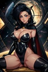 1girls ai_generated ass_visible_through_thighs battletoads betweenspectrums cape civitai dark_queen detached_sleeves female female_focus goth goth_girl hip_dips inner_thigh_dips latex latex_clothing latex_suit leotard tagme