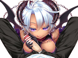 1boy 1girls breasts censored chains collar dark-skinned_female dark_skin demon_girl female giuniu gloved_handjob gloves handjob horns light-skinned_male light_skin male_pubic_hair original penis pointy_ears pubic_hair purple_eyes short_hair silver_hair slit_pupils solo_focus succubus wings