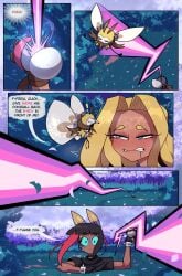 1boy 1girls andre_(cuchuflin) comic comic_page cuchuflin dark-skinned_male dark_skin dialogue female femboy kankaku_shadan male pokémon_(species) pokemon ribombee romi_(cuchuflin) sensory_deprivation tagme tentacle_pit