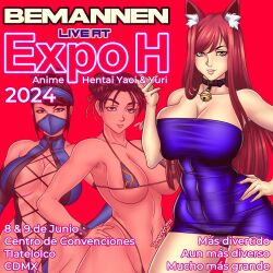 3girls animal_ears bemannen chun-li hand_on_own_hip kitana large_breasts lips mortal_kombat original promotional_art red_background red_hair spanish_text street_fighter