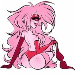 1_eye bedroom_eye bedroom_eyes cherri_bomb_(hazbin_hotel) demon demon_girl dosukeii fluffy_ears hazbin_hotel looking_at_viewer looking_back pink_hair removing_bra removing_clothing thick_thighs vivziepop