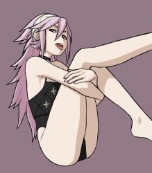 1girls alternate_costume armpits bare_arms bare_legs black_one-piece_swimsuit black_swimsuit breasts brown_eyes choker crossed_arms female female_only fire_emblem fire_emblem_fates grey_background hair_between_eyes hairband leg_grab legs legs_up looking_at_viewer nail_polish nintendo one-piece_swimsuit open_mouth pink_hair pink_nails small_breasts smile soleil_(fire_emblem) solo swimsuit tongue tongue_out wabaki