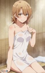 1girls ai_generated arm_support bangs bare_shoulders blush breasts brown_eyes brown_hair closed_mouth collarbone eyebrows_visible_through_hair female hair_between_eyes indoors isshiki_iroha looking_at_viewer medium_breasts my_teen_romantic_comedy_snafu naked_towel phibsai short_hair sitting smile solo stable_diffusion steam towel wet white_towel