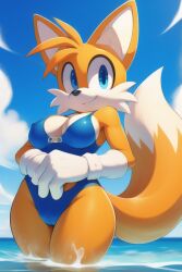 ai_generated alternate_universe blue_eyes blue_swimsuit breasts clouds curvy day daytime female fox fox_ears fox_girl gloves pixai rule_63 sega sky sonic_(series) sonic_the_hedgehog_(series) swimsuit tails tails_the_fox tailsko water