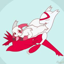 2015 claws closed_eyes dragon duo eyelashes female feral fur hesyph_(artist) latias legendary_pokemon looking_back lying mammal nintendo nude open_mouth plain_background pokemon pokemon_(species) pussy pussy_juice shadow smile teeth video_games white_fur wings yuri zangoose