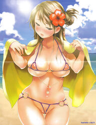 areolae beach bikini blush breasts brown_eyes brown_hair curvy female flower hair_ornament hibiscus inuburo large_breasts licking_lips long_hair looking_at_viewer navel navel_ring nipple_piercing nipples nude ocean original piercing presenting pubic_hair pussy_juice saliva sea shore solo standing string_bikini sweat tongue tongue_out towel wide_hips