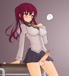 1futa ? balls blush breasts colored curvy desk erection erection_under_clothes erection_under_skirt futa_only futanari hair intersex large_breasts long_hair mofuringu no_panties penis penis_out penis_under_clothes penis_under_skirt pleated_skirt red_hair school_uniform skirt skirt_lift solo uncensored