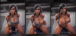 3d 3d_(artwork) blender blender_(software) blizzard_entertainment blurry_background breasts brown_eyes brown_hair comic dark-skinned_female female female_focus female_only flashing flashing_breasts gym hasfeldt hi_res large_breasts looking_at_viewer overwatch overwatch_2 pharah pinching_nipples sweat sweating tattoo tattoo_on_face watermark wet_body wet_clothes