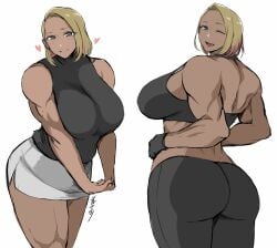 1girls 2d 2d_(artwork) artist_signature black_sleeveless_turleneck blonde_female blonde_hair blonde_hair_female blonde_hair_green_eyes dark-skinned_female dark_skin digital_drawing_(artwork) digital_media_(artwork) green_eyes heart large_breasts looking_at_viewer muscles muscular muscular_female shibusun sleeveless_turtleneck solo solo_female white_miniskirt wink winking winking_at_viewer