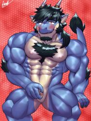 abs animal_genitalia anothereidos_of_dragon_vein_r anthro arm_tuft body_hair chest_hair dragon ear_piercing ear_ring elbow_tuft facial_hair firstfoxred folker_(anothereidos_r) genital_slit genitals goatee hair hi_res horn male muscular muscular_male muscular_thighs mythological_creature mythological_scalie mythology pecs piercing ponytail red_eyes ring_piercing scalie sideburns solo spread_legs spread_slit spreading tail_fur tuft