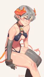 1girls 2024 armwear blush cinder_(norasuko) collar demon_girl demon_horns demon_tail female female_only grey_armwear grey_hair grey_thighhighs horns kollerss looking_at_viewer maiz-ken o-ring one_thighhigh orange_eyes skimpy_clothes smiling smiling_at_viewer solo tail thighhighs