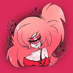 biting_lip cherri_bomb_(hazbin_hotel) demon demon_girl fluffy_hair hazbin_hotel head_only long_hair simple_background wayward_martian