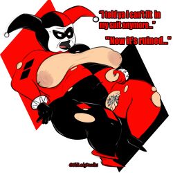 batman_(series) batman_beyond black_lipstick chubby_female dc dc_comics fat grey_hair harleen_quinzel harley_quinn harley_quinn_(classic) old_woman older older_woman oldladydoodles puffy_nipples ripped_clothing ripped_clothing