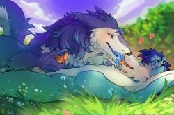 2024 anthro anthro_on_anthro balls blue_body blue_fur blue_hair blurred_background canid cheek_tuft closed_eyes dated duo ear_piercing ear_ring ears_back facial_tuft famir_(artist) french_kissing fur genitals grass green_eyes hair handjob heart_symbol humanoid_genitalia humanoid_penis kissing lying male male/male mammal neck_tuft nude on_back open_mouth penile penis piercing pink_penis pink_tongue pivoted_ears plant pupils ring_piercing sergal sex sharp_teeth short_hair shrub signature slit_pupils teeth tongue tuft vein veiny_penis white_balls white_body white_fur