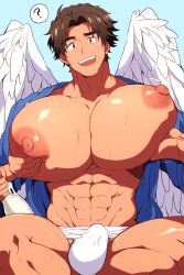 abs ai ai_generated angel angel_wings big_breasts breast_play breasts_bigger_than_head brown_hair bulge busty busty_boy huge_breasts male male_breasts male_only male_tits male_with_breasts moobs moobs_bigger_than_head muushya solo_focus