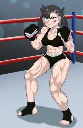 1girls abs alternate_version_available angry biceps big_thighs black_boxing_gloves black_clothing black_gloves black_hair black_shorts black_sports_bra booty_shorts boxing boxing_gloves boxing_ring breasts buff cleavage clenched_teeth curvy cyan_eyes feet female female_only fight gloves goth goth_girl light-skinned_female light_skin loquillo loquillo66 marnie_(pokemon) medium_breasts muscles muscular muscular_female nintendo pale-skinned_female pale_skin pokemon shorts solo sports_bra sportswear stirrup_legwear stirrup_socks thick thick_hips thick_thighs thighs wide_hips
