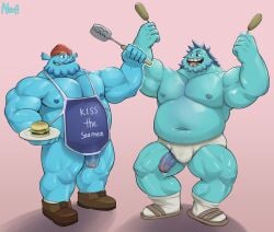 apron arthur_gillman beanie belly blue_body blue_penis blue_skin burger clothing dreamworks duo english_text eyewear food footwear genitals glans glasses hat headgear headwear hi_res humanoid_genitalia humanoid_penis kraken male male/male male_only mature_male musclegut muscular muscular_arms muscular_legs navel neofi nipples overweight overweight_male pecs penis penis_through_leghole ruby_gillman,_teenage_kraken shoes socks teeth text tongue uncle_brill underwear universal_studios vein veiny_penis