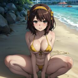 1female 1girls ai_generated bangs beach big_breasts bikini bikini_bottom bikini_top breasts brown_hair brown_hair_female commentary_request english_commentary female female_only hair_ribbon hd hi_res highres looking_at_viewer multicolored_eyes outdoors outside short_hair short_hair_female solo solo_female squatting suzumiya_haruhi suzumiya_haruhi_no_yuuutsu thighs very_high_resolution water