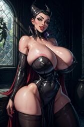 1female 1girl 1girls ai_generated arm_warmers big_breasts big_lips big_thighs bimbo black_clothing black_legwear breasts bythebrokenone cape castle disney disney_villains dress female_only horns huge_breasts huge_thighs indoor indoors large_areolae large_breasts large_hips large_thighs looking_at_viewer maleficent perky_nipples plant red_cape red_lips red_lipstick sleeping_beauty_(1959_film) smile smiling smiling_at_viewer solo solo_female sweat sweatdrop sweating tagme thighhighs thighs thighs_bigger_than_head tight_clothing tight_fit toned_stomach visible_areolae visible_nipples white_skin wide_hips window