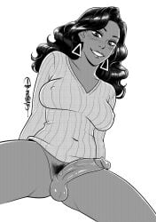 1futa 2017 2d 2d_(artwork) anasheya artist_name balls big_breasts big_penis bottomless clothed clothing dark-skinned_futanari dark_skin dickgirl earrings erection futa_only futanari greyscale human long_hair looking_at_viewer no_color no_panties partially_clothed penis pubic_hair retracted_foreskin sitting smile smiling smiling_at_viewer solo solo_futa sunset_boulevardez testicles the_proud_family triangle_earrings