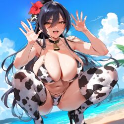 1girls ai_generated animal_ears animal_print bangs beach bell bikini black_hair blue_sky blush breasts claw_pose cleavage cloud collarbone cow_bell cow_ears cow_girl cow_horns cow_print day depressu eyebrows_visible_through_hair fellatio_gesture flower hair_between_eyes hair_flower hair_ornament hibiscus high_heels highleg_bikini huge_breasts idolmaster idolmaster_cinderella_girls idolmaster_shiny_colors large_breasts long_hair looking_at_viewer naughty_face navel ocean open_mouth outdoors sand shiny shirase_sakuya sky smile solo squatting sweat swimsuit thighs very_long_hair water yellow_eyes