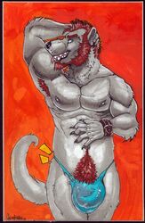 anthro beard bulge canine chumbasket claws clothing facial_hair hair male male_only mammal nipples pubes red_hair solo thong torn_clothing white_fir