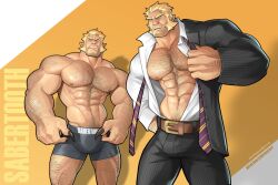 balls bara body_hair bulge clothing dressing facial_hair flaccid male male_only marvel marvel_comics muscles muscular penis sabretooth silverjow solo solo_male suit unbuttoned_shirt underwear underwear_only victor_creed x-men