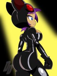 1girls ass black_clothing black_latex blue_eyes bodysuit catwoman_(cosplay) clothing datwondoude female female_only jpeg latex latex_clothing latex_suit purple_hair shantae shantae_(character) sideboob solo wayforward