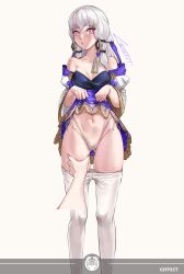 1girls ass_visible_through_thighs bangs bare_midriff bare_shoulders bare_thighs breasts clothes_lift collarbone crazzeffect dress_lift female female_focus fire_emblem fire_emblem:_three_houses groping lifted_by_self long_hair looking_at_viewer lysithea_von_ordelia medium_breasts midriff nintendo panties pantyhose pantyhose_down pink_eyes presenting shoulders skirt_lift solo_focus thigh_grab thighs thong underwear upskirt white_background white_hair white_panties