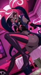 ai_generated demon demon_girl demon_humanoid demoness ends34 female female_focus fit_female hazbin_hotel money red_hair sexy slutty_clothes stockings velvette