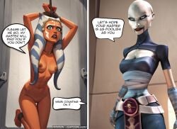 1girls 2girls ahsoka_in_exile ahsoka_tano ahsoka_tano_(imperial) ai_generated arms_up asajj_ventress bdsm caption captured clone clone_wars comic comic_page comic_panel defeated english_text fantasy female female_only goth goth_girl humiliated humiliating humiliation medium_breasts petite restrained restraints skinny slim small_breasts speech_bubble star_wars story text text_box text_bubble tied_up toned toned_female