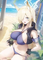 beach blue_archive depth_of_field high-angle_view kanna_(blue_archive) large_breasts light_blush looking_at_viewer nipple_bulge open_jacket palm_tree public_peace_bureau_(blue_archive) sharp_teeth swimsuit valkyrie_police_school_student