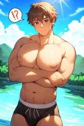 ai ai_generated bara bara_tiddies bara_tits big_chest big_pecs brown_eyes brown_hair busty male male_only muushya