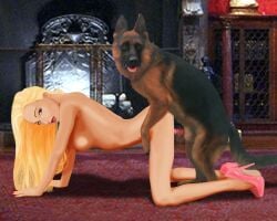 bestiality blonde_hair cringer990 cum_in_pussy doggy_style dominant_feral female female_human feral_on_female feverdreams high_heels interspecies_sex naughty_face on_all_fours penetration_from_behind pleasured_female willing zoophilia