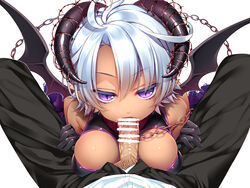 1boy 1girls breasts censored chains collar dark-skinned_female dark_skin demon_girl fellatio female giuniu gloves horns interracial light-skinned_male light_skin male_pubic_hair oral original pointy_ears pubic_hair purple_eyes short_hair silver_hair slit_pupils solo_focus succubus wings