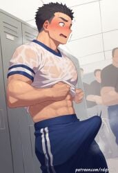 ai_generated bara big_bulge blush bulge clothing cum erection_under_clothes male male_only muscular_male penis_outline rdgrdg tight_clothing