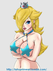 1girls bikini_top blonde_hair blue_eyes blush breast_hold breasts crossed_arms crown curvy earrings female female_only hair_over_one_eye huge_breasts human long_hair mario_(series) navel nintendo open_mouth pose princess_rosalina simple_background solo tahuprime