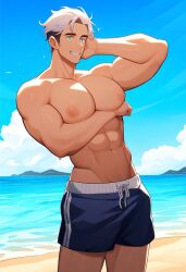 1boy abs ai ai_generated bara bara_tits beach big_chest big_pecs busty muushya solo solo_male swim_trunks two_tone_hair white_hair