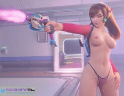 3d aiming asian asian_female belly belly_button bikini blizzard_entertainment breasts breasts_out curvy curvy_female curvy_figure d.va eggsnsfw gun gunfire half-dressed hana_song headgear jacket navel nipples olympics overwatch panties round_breasts tagme teenage_girl teenager thighs wink