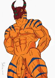 1boy 2015 abs anthro anthrofied balls ballsack bandai barazoku ceratosaur ceratosaurid ceratosaurus dangling_testicles digimon dinosaur flaccid_penis foreskin greymon hands_behind_back horns humanoid_penis intact long_foreskin long_penis looking_at_viewer low-angle_shot low_hanging_balls male male_nipples male_only masculine mask mature_male muscles muscular_male nude_male orange_skin pecs penis pose red_eyes scalie scrotum sekira signature solo tail testicles uncut unretracted_foreskin vein veiny_penis