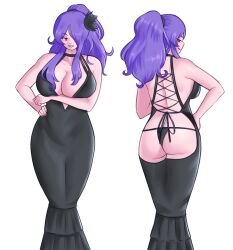 1girls alternate_costume alternate_hairstyle ass back backless_outfit bare_back black_panties breasts camilla_(fire_emblem) dress female female_only fire_emblem fire_emblem_fates from_behind fully_clothed grin hair_over_one_eye large_ass large_breasts long_hair multiple_views nintendo obsidianwasp panties pink_eyes purple_hair revealing_clothes smile solo underwear