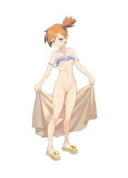 bikini bikini_top_lift blue_eyes bottomless breasts clothes_lift female full_body highres holding holding_towel jewelry kasumi_(pokemon) navel necklace nipples orange_hair pokemon pokemon_(anime) pokemon_(classic_anime) pussy sandals short_hair side-tie_bikini_bottom side_ponytail simple_background small_breasts solo swimsuit towel white_background yugen99