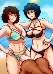 1boy 2futas anal anal_sex beach bklo bored commission dark-skinned_male double_anal double_penetration futa_on_male futadom futanari panties_aside persona persona_5 sadayo_kawakami swimsuit swimsuit_aside tae_takemi unimpressed